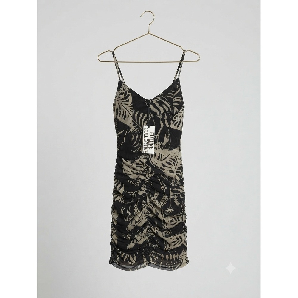 Future Collective Dress Women Small Black Tan Tropical Ruched Mini Alani‎ Noelle